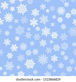 Vintage snowflakes seamless pattern layout. Small white snowflakes on light blue background. Template for christmas gifts wrapping paper. Winter season wallpaper vector illustration.