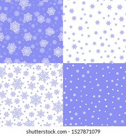 Vintage snowflakes seamless patterns set in white and purple colours. Cute snowflakes on light background. Template for christmas gifts wrapping paper. Winter season wallpaper vector illustration.