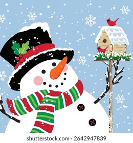 Vintage Snowman Isolated with Cardinal Bird and Bird House. Snowy Scene with Snowflakes- Christmas Vintage Snowman Vector Illustration