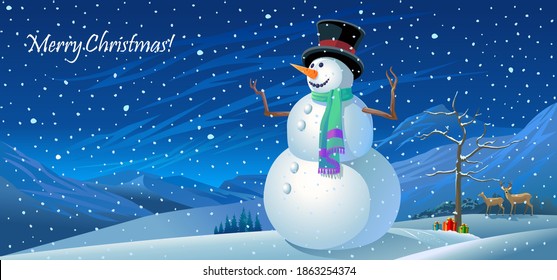 Vintage snowman in the middle of the winter blizzard on a Christmas eve.