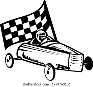 Vintage Soap Box Derby Or Soapbox Car Racer Racing Flag Retro Black And White