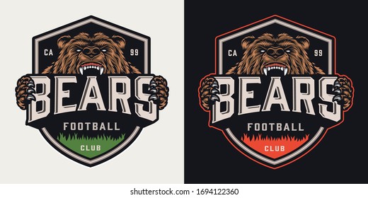Vintage soccer club colorful emblem with powerful angry bear mascot holding football team name inscription isolated vector illustration