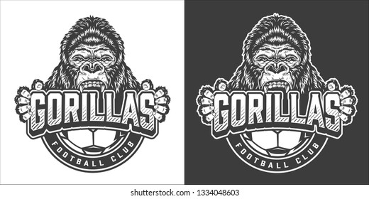 Vintage soccer club monochrome badge with ferocious gorilla head and claws isolated vector illustration