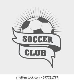Vintage soccer or football logo, emblem, badge with ball and ribbon. Vector illustration