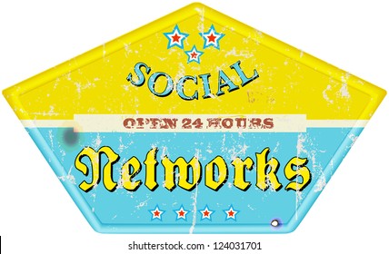 vintage social media enamel sign, grungy, vector illustration