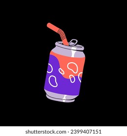 Vintage soda can. Carbonated drink in retro aluminium bottle with straw, tube. Fizzy beverage with bubbles. Cold fresh tonic, aerated sweet, sugar water. Flat isolated vector illustration.