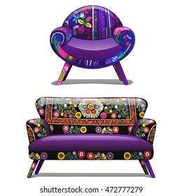 Vintage sofa and chair with a bold pattern. Vector illustration.
