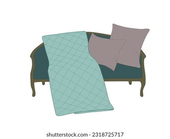 Vintage sofa in flat style. Cartoon turquoise sofa with blanket and pillows, furniture decoration of living room isolated on white. Vector illustration of, furniture interior decor of home apartment.