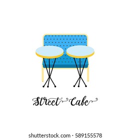 Vintage sofa and round tables flat vector illustration on the white background