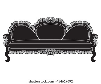 Vintage sofa Vector. Rich carved ornaments furniture. Vector Victorian Style couch. Black color sketch