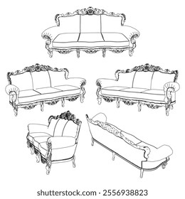 Vintage sofa vector set. Baroque and classic style sketches for luxurious home interiors. Ideal for traditional furniture enthusiasts.