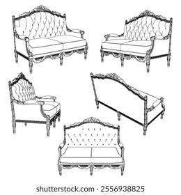 Vintage sofa vector set. Baroque and classic style sketches for luxurious home interiors. Ideal for traditional furniture enthusiasts.