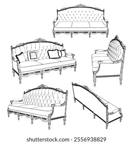 Vintage sofa vector set. Baroque and classic style sketches for luxurious home interiors. Ideal for traditional furniture enthusiasts.