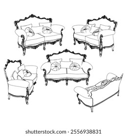 Vintage sofa vector set. Baroque and classic style sketches for luxurious home interiors. Ideal for traditional furniture enthusiasts.