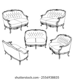 Vintage sofa vector set. Baroque and classic style sketches for luxurious home interiors. Ideal for traditional furniture enthusiasts.