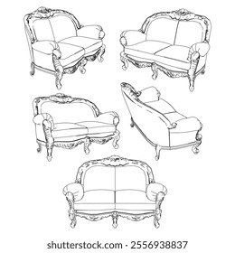 Vintage sofa vector set. Baroque and classic style sketches for luxurious home interiors. Ideal for traditional furniture enthusiasts.