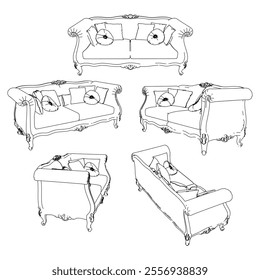 Vintage sofa vector set. Baroque and classic style sketches for luxurious home interiors. Ideal for traditional furniture enthusiasts.