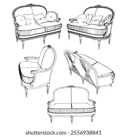 Vintage sofa vector set. Baroque and classic style sketches for luxurious home interiors. Ideal for traditional furniture enthusiasts.