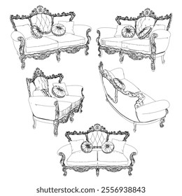 Vintage sofa vector set. Baroque and classic style sketches for luxurious home interiors. Ideal for traditional furniture enthusiasts.