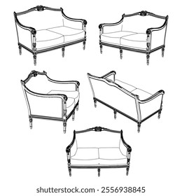 Vintage sofa vector set. Baroque and classic style sketches for luxurious home interiors. Ideal for traditional furniture enthusiasts.