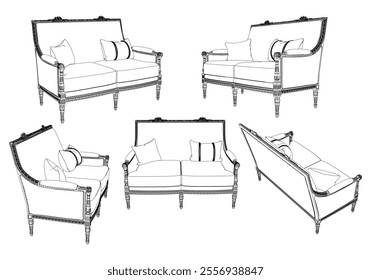 Vintage sofa vector set. Baroque and classic style sketches for luxurious home interiors. Ideal for traditional furniture enthusiasts.