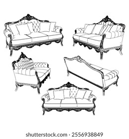 Vintage sofa vector set. Baroque and classic style sketches for luxurious home interiors. Ideal for traditional furniture enthusiasts.