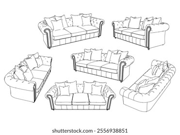 Vintage sofa vector set. Baroque and classic style sketches for luxurious home interiors. Ideal for traditional furniture enthusiasts.