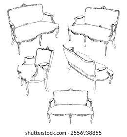 Vintage sofa vector set. Baroque and classic style sketches for luxurious home interiors. Ideal for traditional furniture enthusiasts.