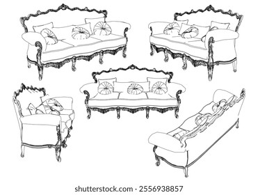 Vintage sofa vector set. Baroque and classic style sketches for luxurious home interiors. Ideal for traditional furniture enthusiasts.