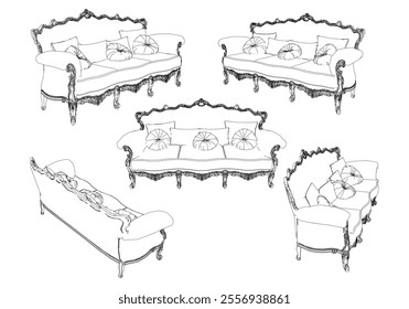 Vintage sofa vector set. Baroque and classic style sketches for luxurious home interiors. Ideal for traditional furniture enthusiasts.