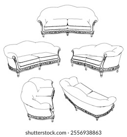 Vintage sofa vector set. Baroque and classic style sketches for luxurious home interiors. Ideal for traditional furniture enthusiasts.