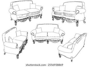 Vintage sofa vector set. Baroque and classic style sketches for luxurious home interiors. Ideal for traditional furniture enthusiasts.