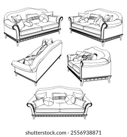 Vintage sofa vector set. Baroque and classic style sketches for luxurious home interiors. Ideal for traditional furniture enthusiasts.