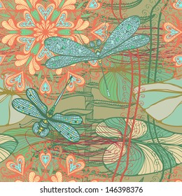 Vintage soft floral seamless pattern with dragonflies and flowers