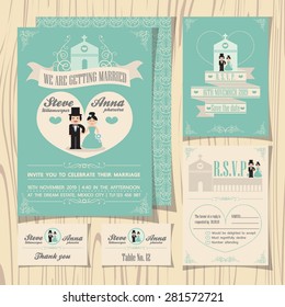 Vintage soft green theme wedding invitation with wedding couple cartoon template, ribbon and church background, RSVP card, guest card, table number, save the date