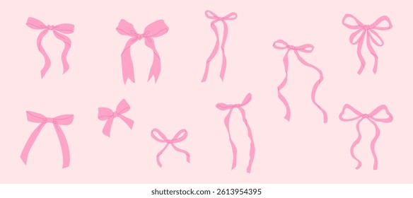 Vintage soft pink bow vector illustration. Girly hair accessory, flat ribbon icons. Isolated trendy clipart. Cute hairstyle elements collection.