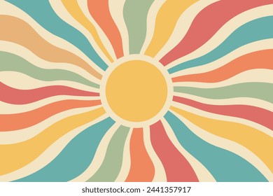 Vintage solar tapestry in boho style. Retro 70s style wall, sunrise rainbow. Minimal geometric abstract art. Hippie bohemian decor. Vector