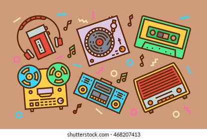 Vintage Sound Devices Concept Line Art Bright Colors Illustration. Contemporary Trendy Vector Icons.
