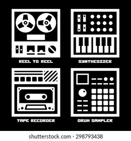 Vintage Sound Recording Music Equipment Icons Set. Reel To Reel, Analog Synthesizer, Tape Recorder, Drum Sampler.