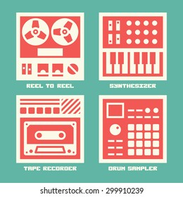 Vintage Sound Recording Music Equipment Color Icons Set. Reel To Reel, Analog Synthesizer, Tape Recorder, Drum Sampler.