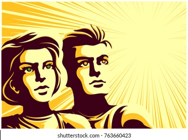 Vintage soviet communist propaganda style couple, man and woman looking into the distance at their bright future with epic dreamy, inspired and hopeful expression vector illustration