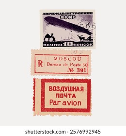 Vintage Soviet postage stamps featuring an airship, Russian text, and postal marks. Soviet design, Russian stamps, vintage postal theme. Vintage style art drawing, isolated vector element.