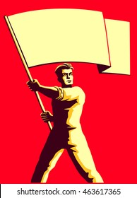 Vintage soviet socialist propaganda style patriot man holding blank flag vector illustration, political protest activism patriotism