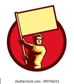 Vintage soviet socialist propaganda style patriot man holding blank flag in a circle vector illustration, political protest activism patriotism