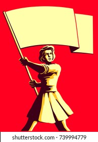 Vintage soviet socialist propaganda style patriot woman holding blank flag vector
illustration, political protest activism patriotism