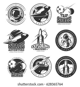 Vintage space, astronautics, shuttle flight vector labels, logos, badges, emblems