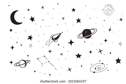 Vintage space background with many stars ,planets,moon,meteorites and spaceship.Vector illustration