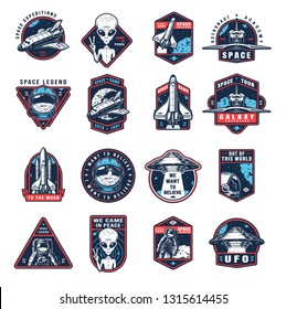 Vintage space colorful labels collection with extraterrestrial ufo shuttle spaceships rocket astronauts on white background vector illustration