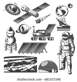 Vintage space elements collection with spaceships radar astronaut lunar rover solar panels meteor planets Mars surface landscape isolated vector illustration