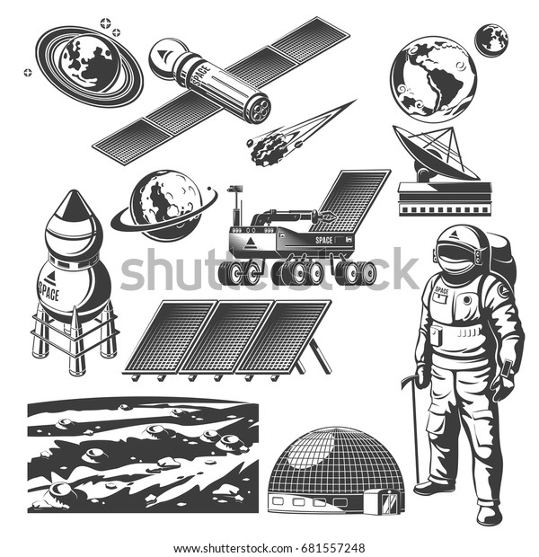 Vintage space elements collection\
with spaceships radar astronaut lunar rover solar panels meteor\
planets Mars surface landscape isolated vector\
illustration